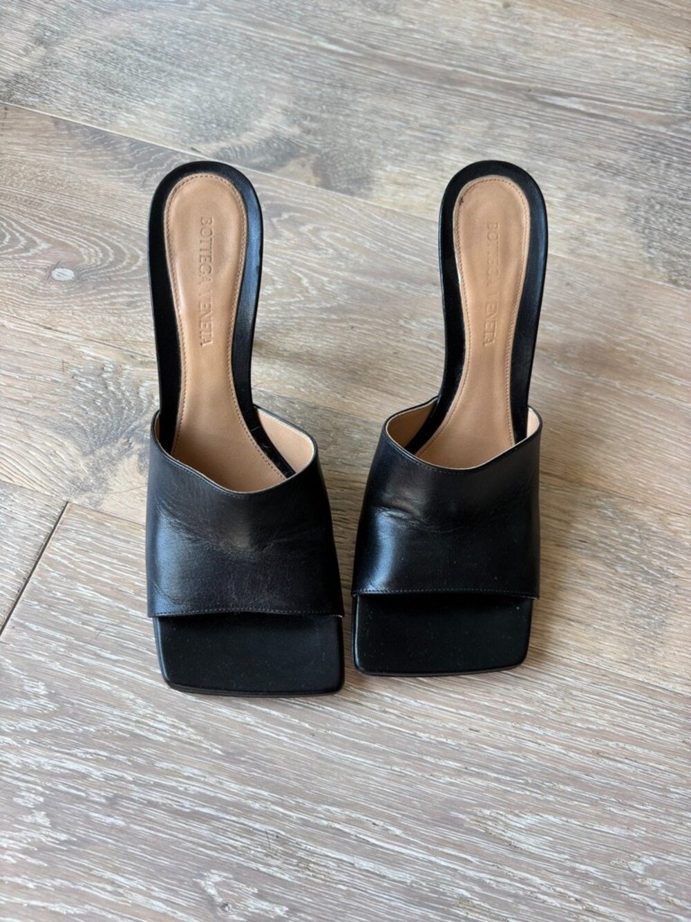 Bottega Veneta Stretch square-toe leather heeled sandals in 37.5 - Picture 1 of 6